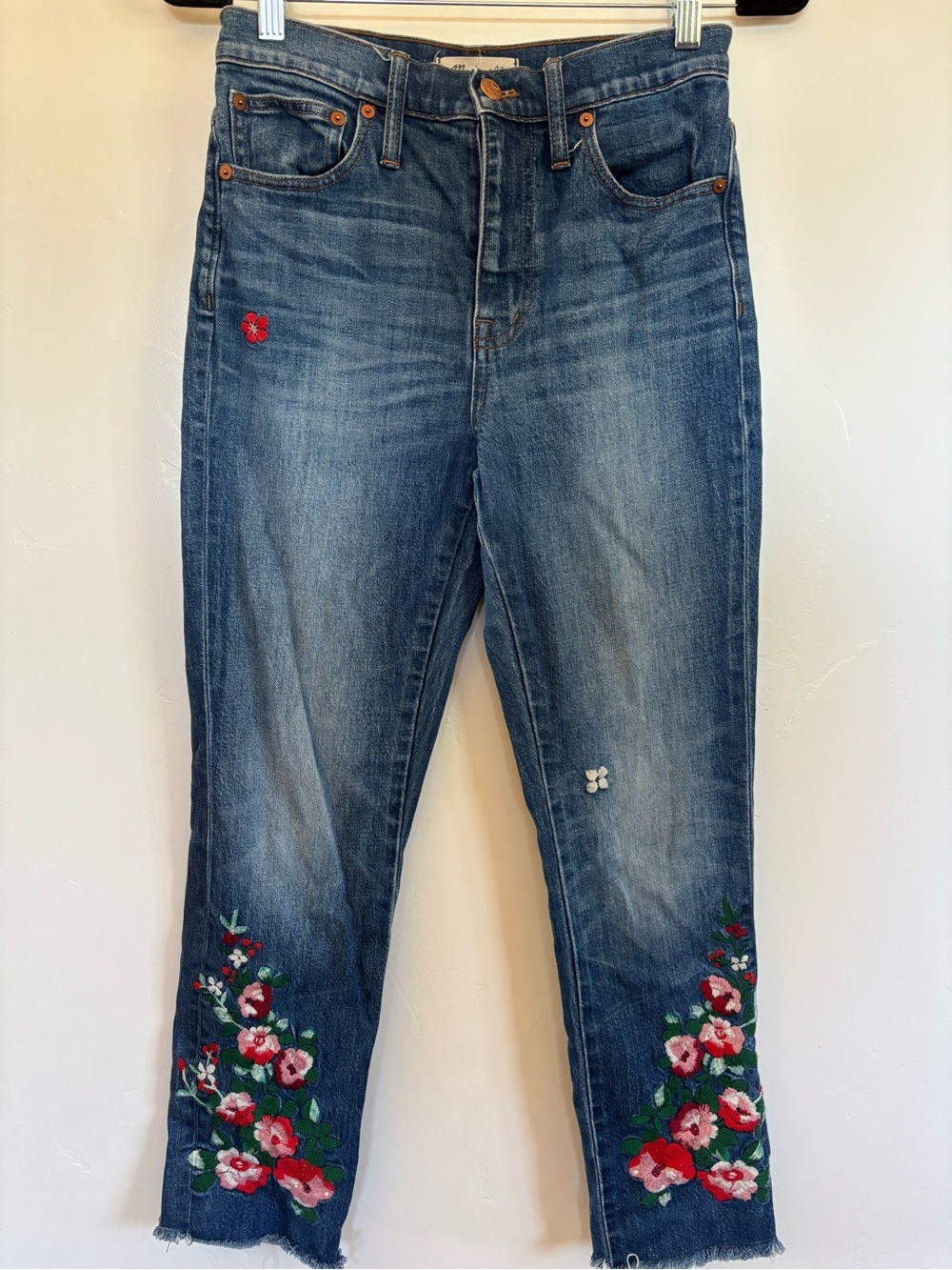 Madewell Slim Boyjean 24 Floral Embroidered Jeans Raw Hem Cropped Denim